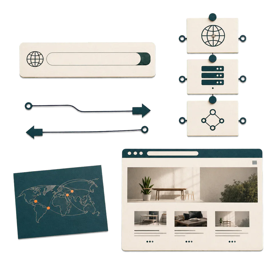 Generated cutout asset kit with URL plaque, DNS cards, arrows, map note, and website preview card.